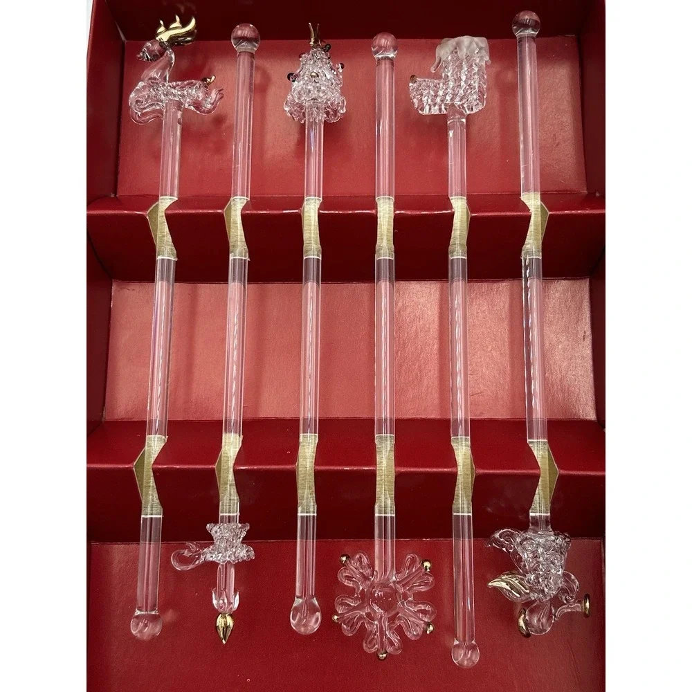 Vintage‎ Christmas Glass Swizzle Sticks Boston Warehouse Set of (6) 2002